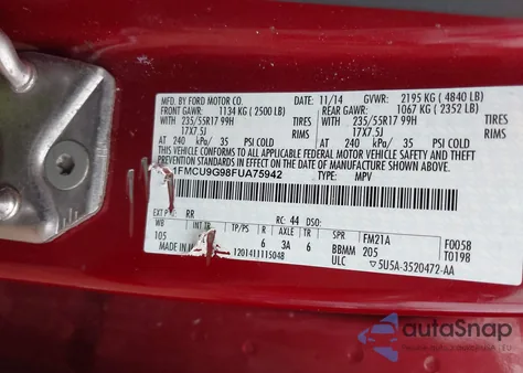2015 Ford Escape Se from USA, damaged, VIN 1FMCU9G98FUA75942